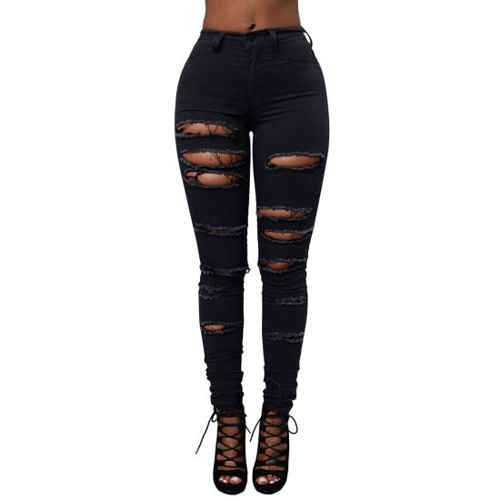 Tuosai Damesjeans Gescheurde gaten Hoge strakke taille Pasvorm Zacht Effen Kleur Slank Rekbaar Woon-werkverkeer Casual Enkellange Dame Lange broek M zwart