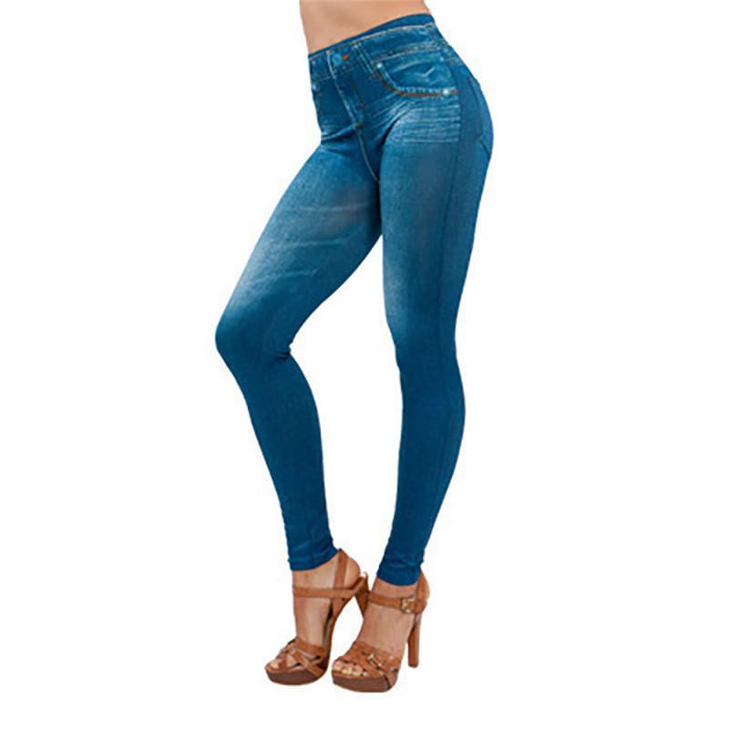Twelve Month Stretch goed Fitness nepzakken Hoge taille leggings Faux denim jeans Sexy elastische jeggings Zachte casual dunne potloodbroek XXL blauw