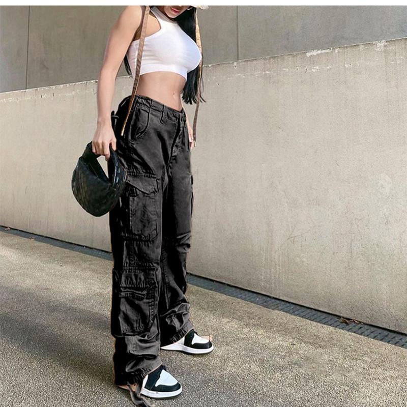 WTEMPO Vintage cargobroek losse jeans dames casual lente herfst zak straatsport hoge taille rechte grijze broek S zwart