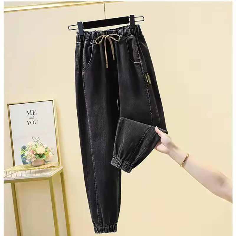 WTEMPO S-3XL Dames Jeans Elastische Taille Lente Herfst Effen Casual Vrouwelijke Losse Denim Broek Broeken XL zwart