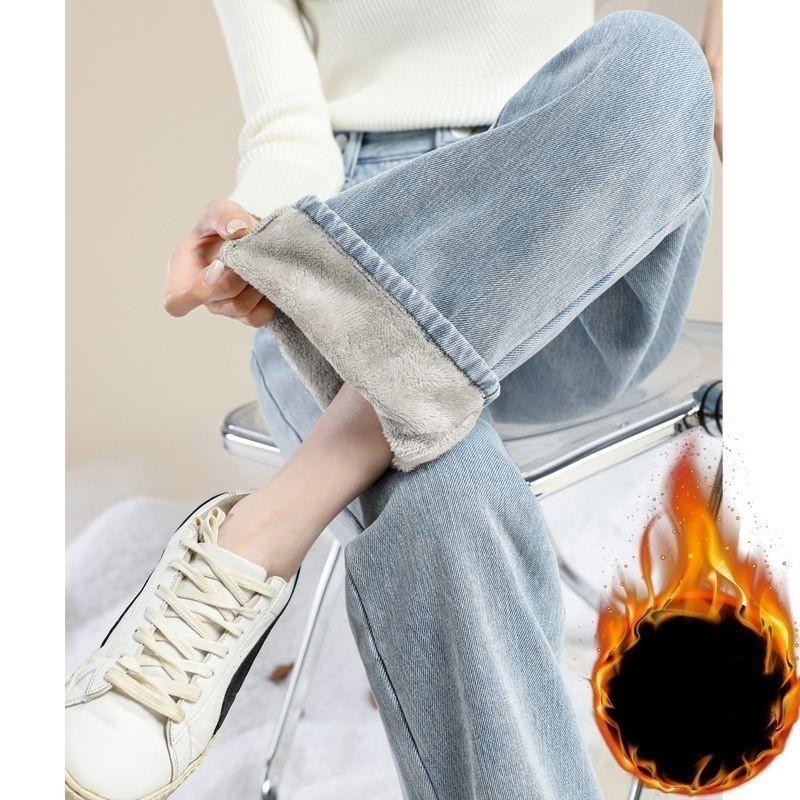 First Club Dames Winter Gewatteerde en Verdikte Wijde Jeans Studenten Rechte Mid-taille Warme Broek M