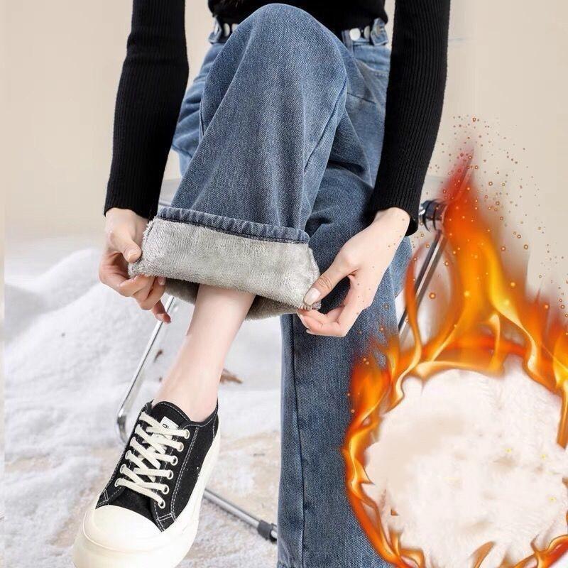 First Club Dames Winter Gewatteerde en Verdikte Wijde Jeans Studenten Rechte Mid-taille Warme Broek M