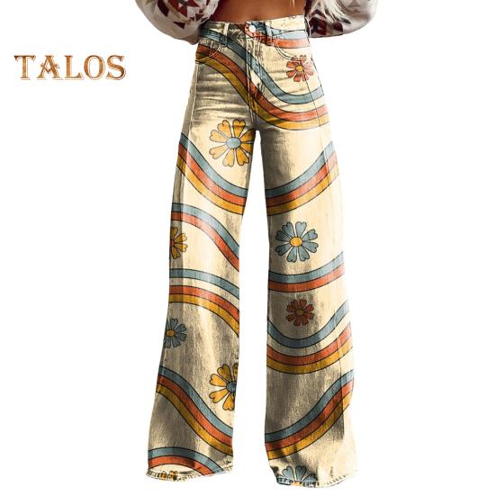 Fetong Dames casual broeken kleurrijke 3D bloemenprint uitlopende pijpen hoge taille plus size jeans knoopsluiting met zakken Lojng broeken voor daten XL
