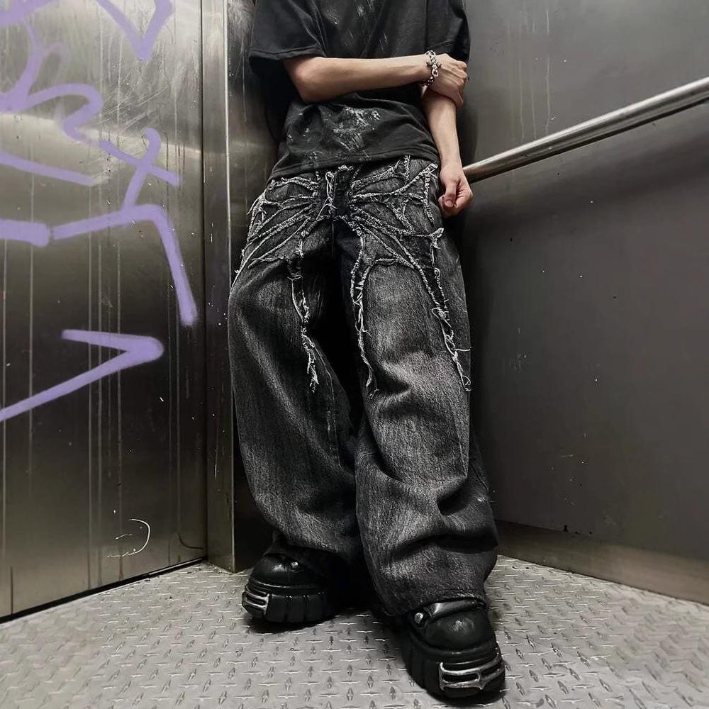 Transmission Gate Unisex Y2k Gothic Vintage Jeans Spider Embroidered Spliced American Style Denim Pants Baggy Wide Leg Hip Hop Streetwear L