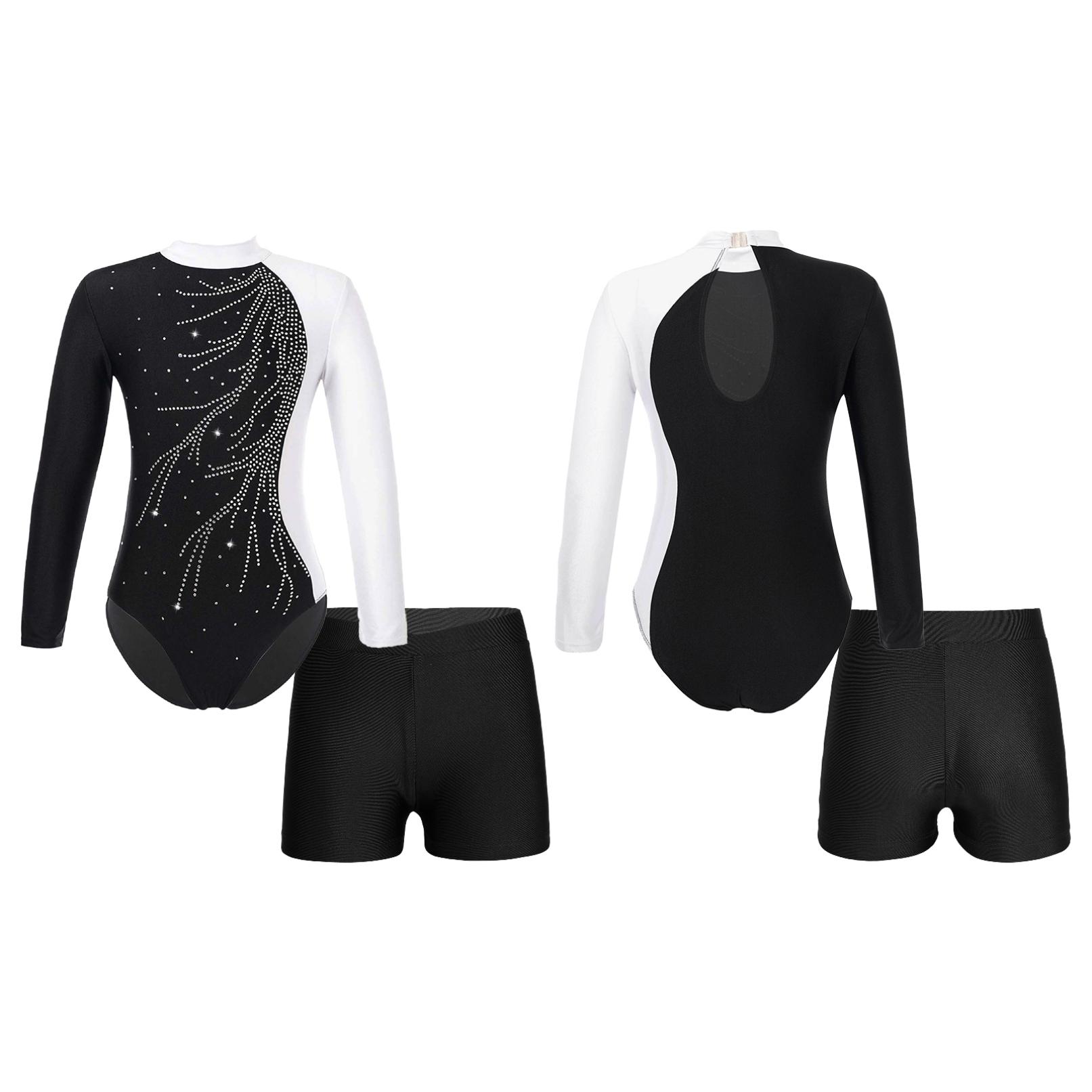 YONGHS Turnpakje voor kinderen, meisjes, mock-hals, lange mouwen en shorts voor dansschaatsen, Biketards, gymnastiekoutfit 13-14 Years wit