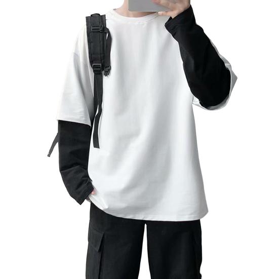 Tianhangyuan Heren T-shirt Nep Tweedelig Ronde Hals Lange Mouw Contrasterende Kleur Pullover Lente Losse Patchwork Onderkant Shirt Streetwear XL wit