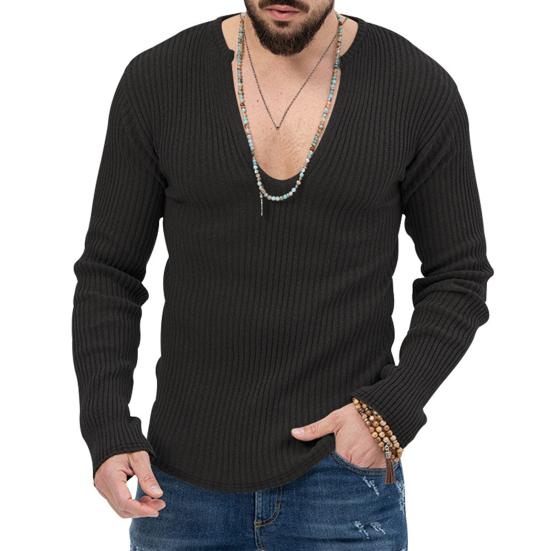 Jiantengxujm Mannen gebreide trui diepe v-hals geribbelde lange mouwen effen kleur slim fit zachte warme herfst winter casual mannelijke trui top sweatshirt gebreide kleding L zwart