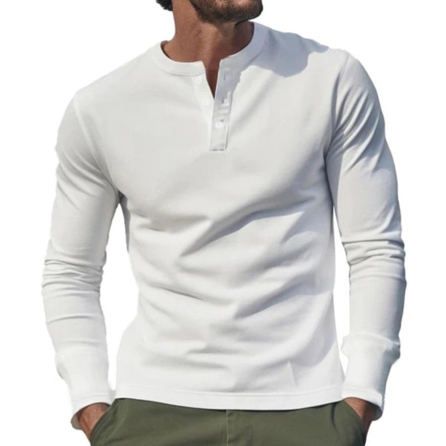 HerSight Lente Herfst Heren Henley Shirt Heren Poloshirts Casual Grijs Wit Man Base Shirts met lange mouwen XXL wit