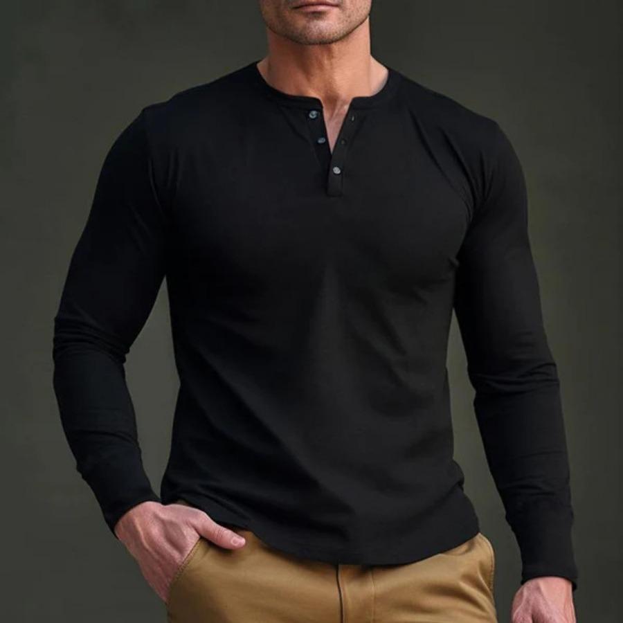 HerSight Lente Herfst Heren Henley Shirt Heren Poloshirts Casual Grijs Wit Man Base Shirts met lange mouwen M zwart