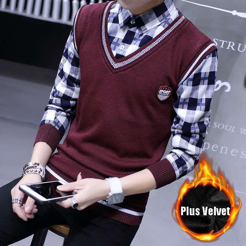 WTEMPO Herfst en winter heren trui shirt nep tweedelig plus fluweel dikke gebreide trui slanke pullover voor tieners L