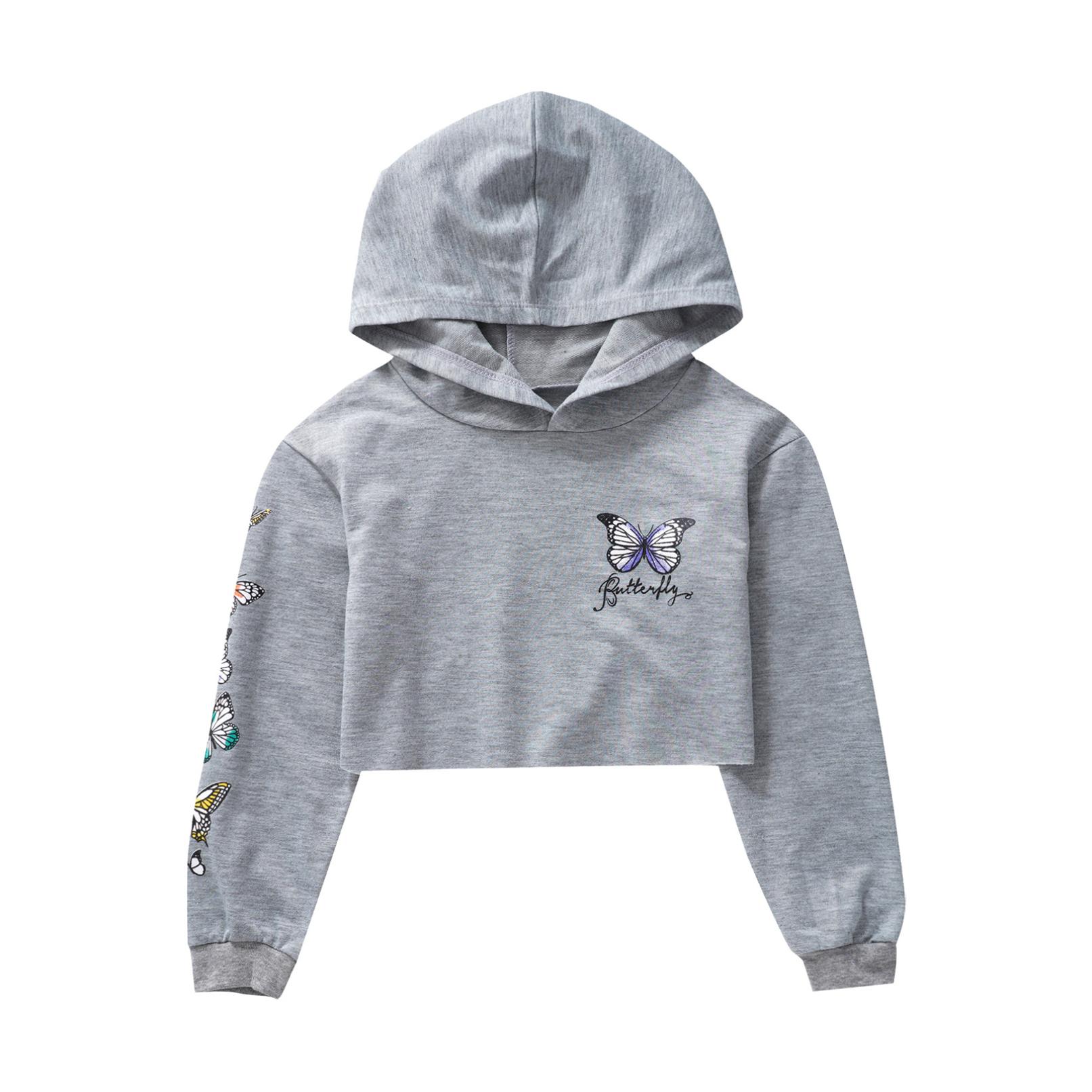 HULIJA Grote meisjes casual sweatshirt met lange mouwen en capuchon, kinderpullover crop tops 11-12 Years grijs