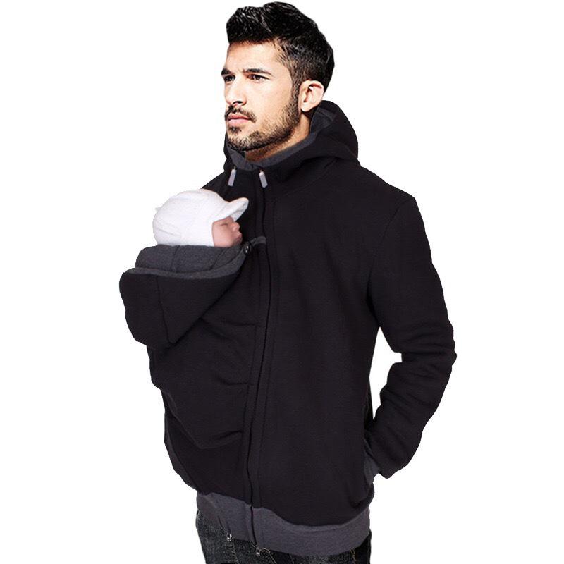 CrestLink European & American Multifunctional Kangaroo Dad & Mom Sweatshirt with Nursery Pouch – Autumn/Winter Men's Clothing Double Extra Large zwart