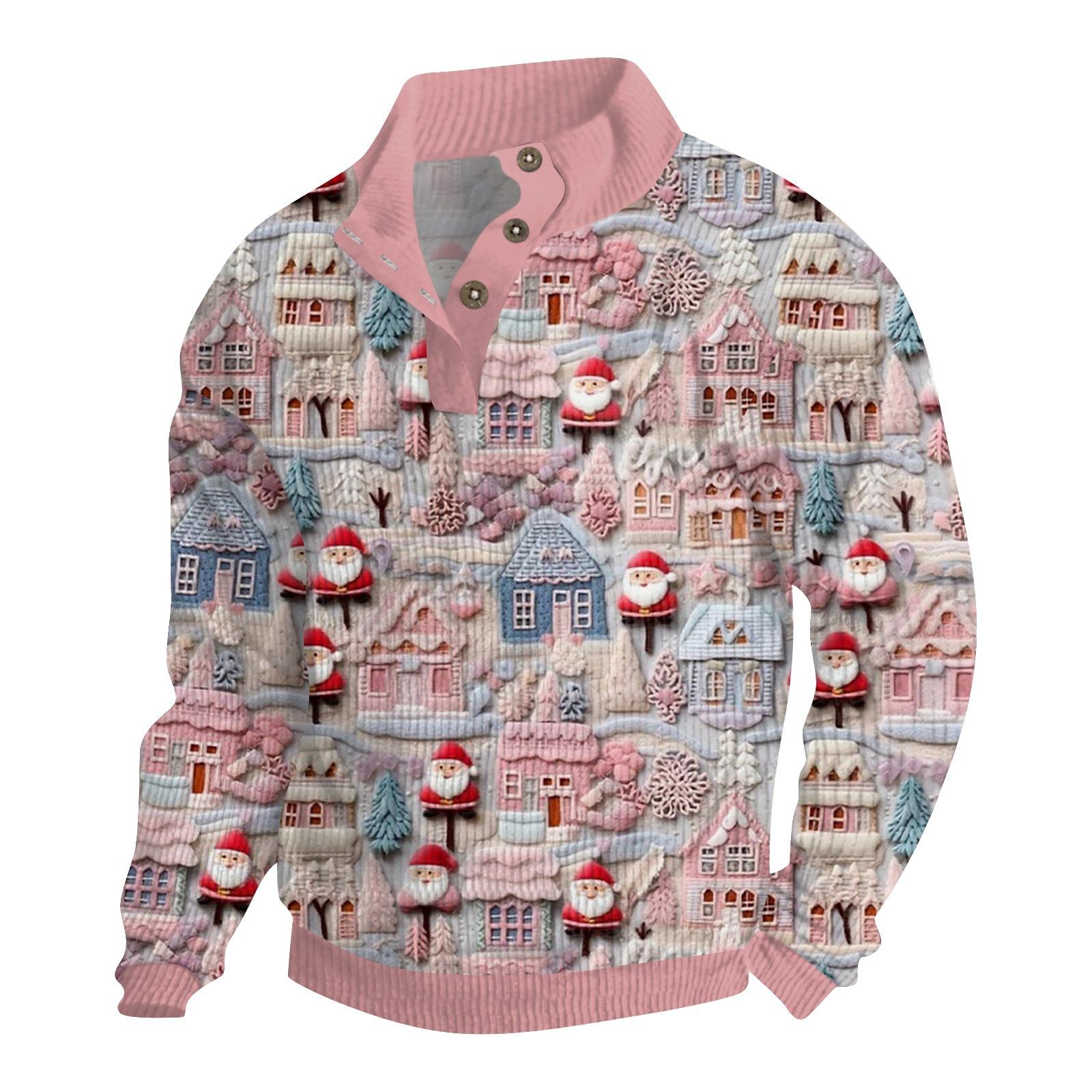 ElongPaoXiao Heren Kerst Katoenen Pullover Lange Mouw Outdoor Shirt Vintage Corduroy Knoop Stand Kraag Shirt Casual Sweatshirt Kerst Print Top XL