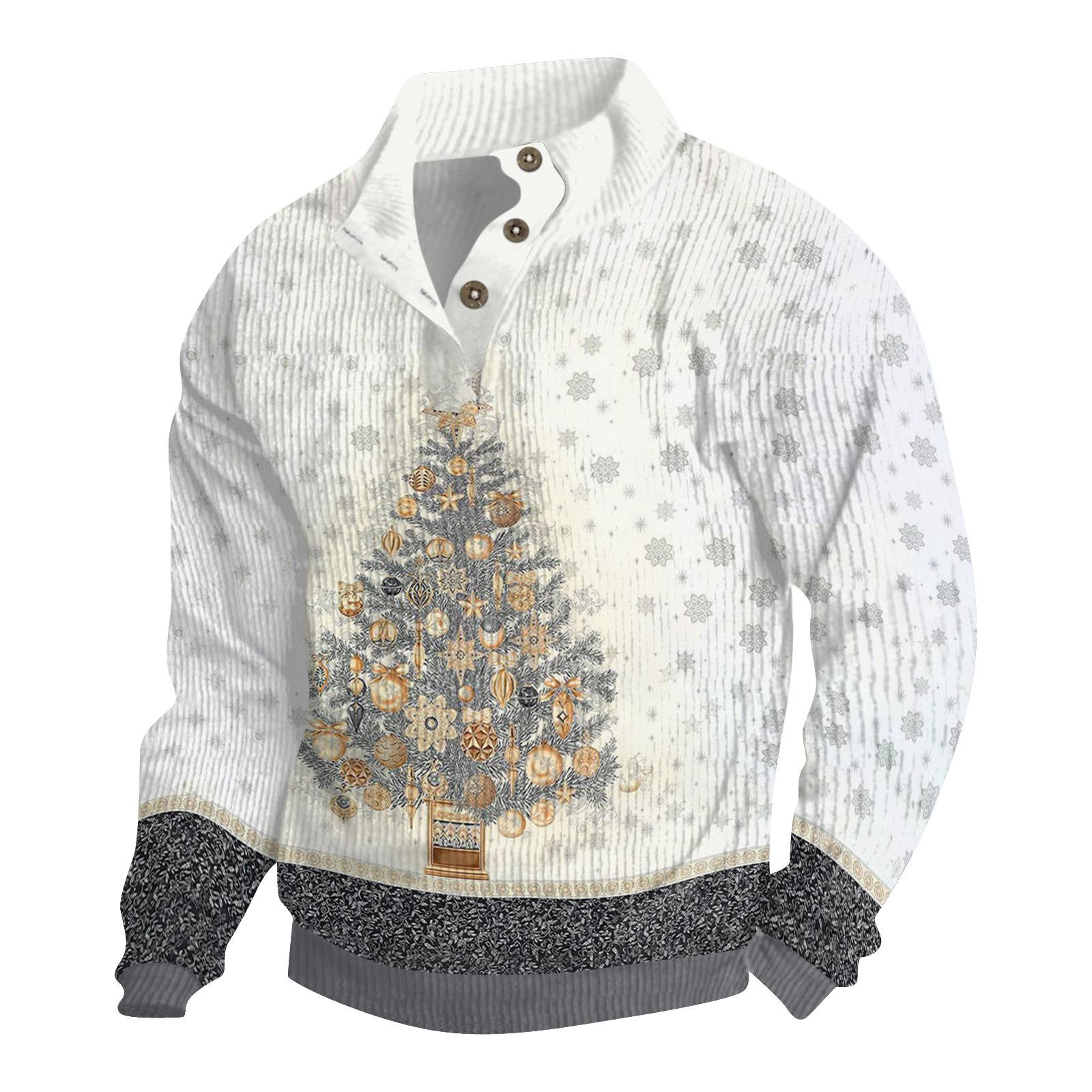 ElongPaoXiao Heren Kerst Katoenen Pullover Lange Mouw Outdoor Shirt Vintage Corduroy Knoop Stand Kraag Shirt Casual Sweatshirt Kerst Print Top XL