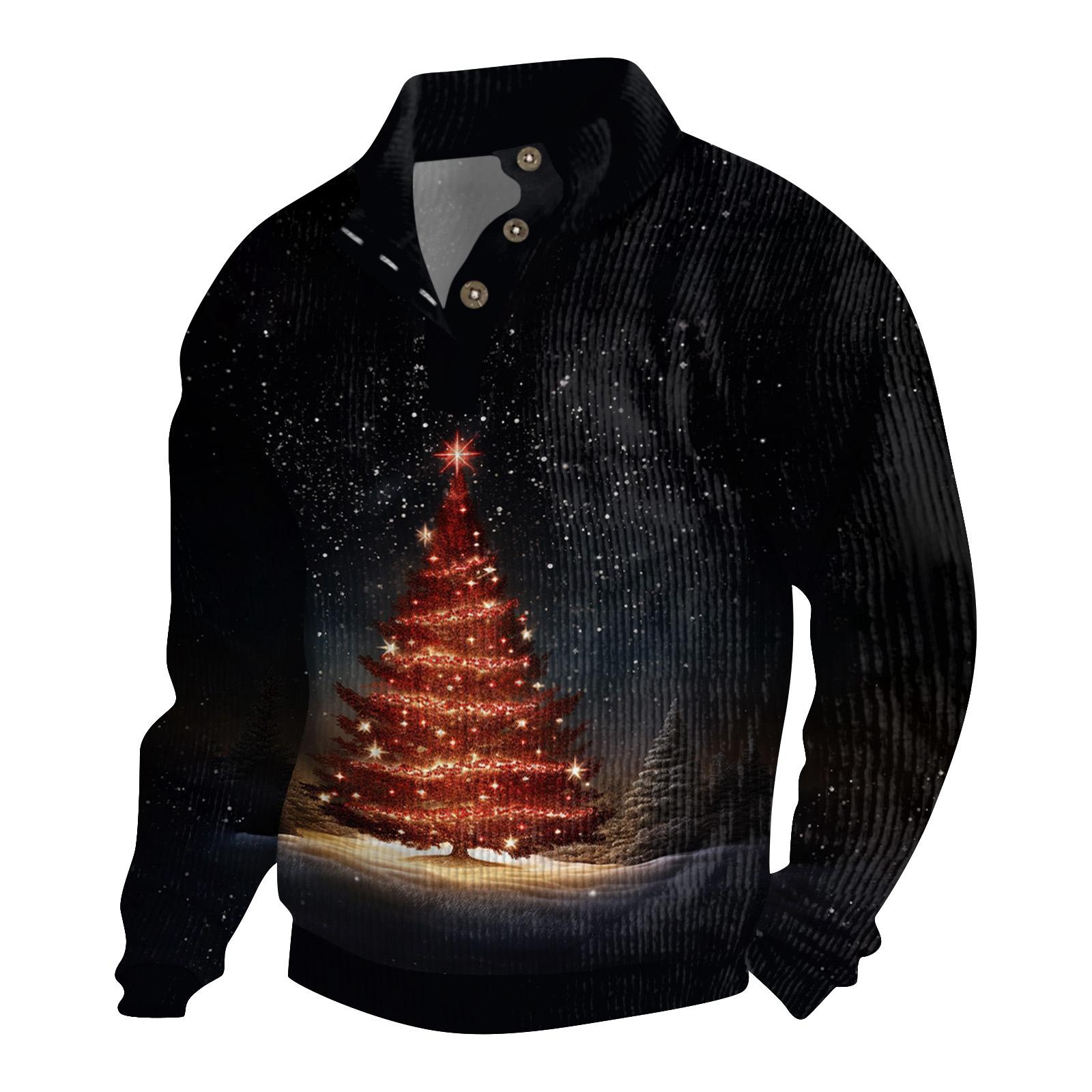 ElongPaoXiao Heren Kerst Katoenen Pullover Lange Mouw Outdoor Shirt Vintage Corduroy Knoop Stand Kraag Shirt Casual Sweatshirt Kerst Print Top XL
