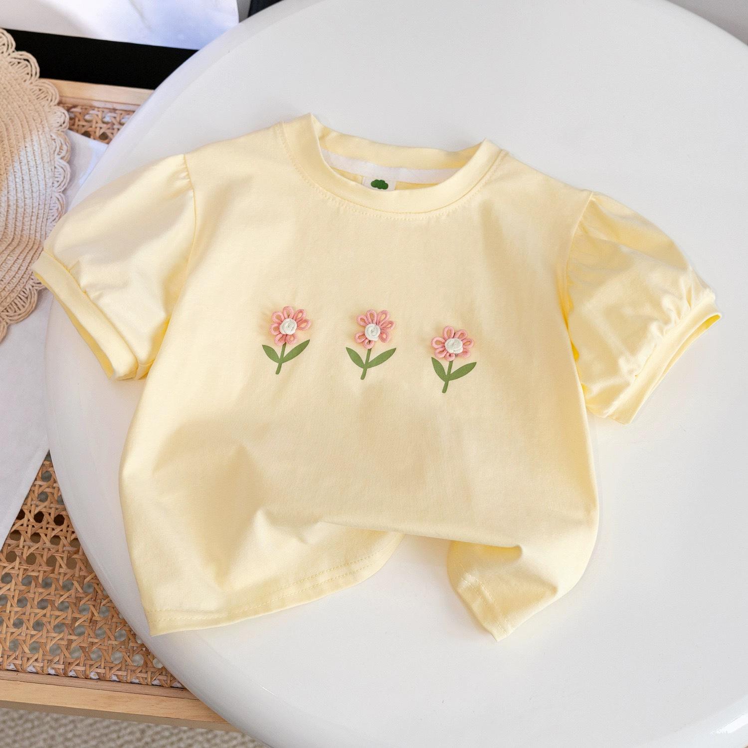 Voyex Meisjes T-shirt van katoen met korte mouwen in Koreaanse stijl met 3D-bloemenmotief - Trendy zomerkleding voor kinderen 130 cm