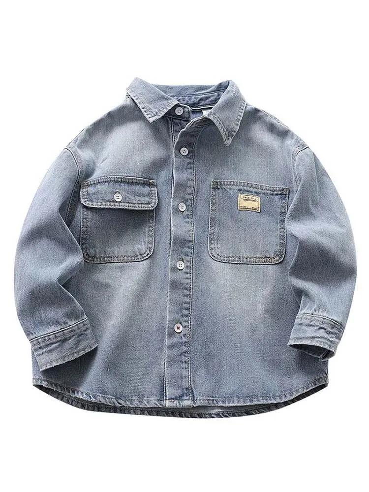 WTEMPO Jongens Denim Shirt Kinderen Dunne Revers Jas Lange Mouw Shirt 160