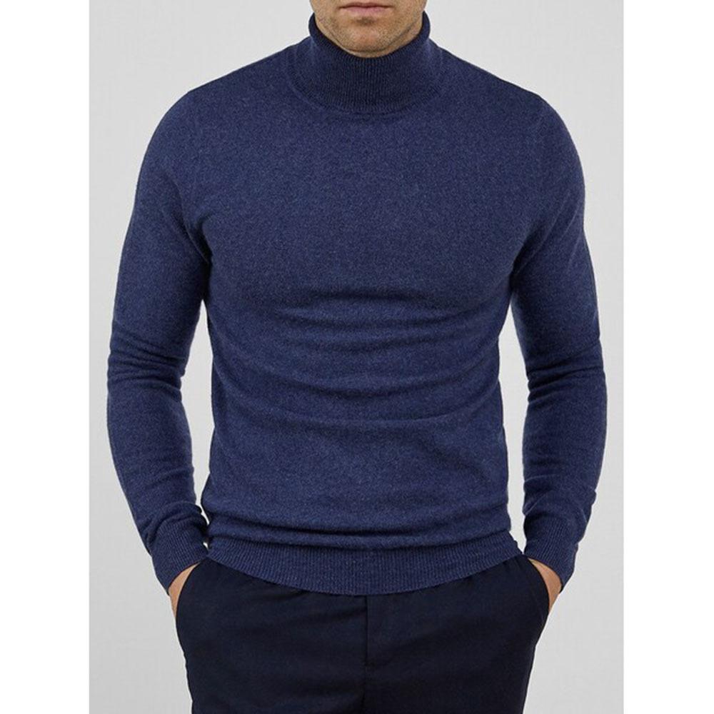 Mimansp Lente en herfst winter heren hoge kraag gebreide wollen trui effen kleur basis trui trui eenvoudige casual hoodie XXL marineblauwe kleur