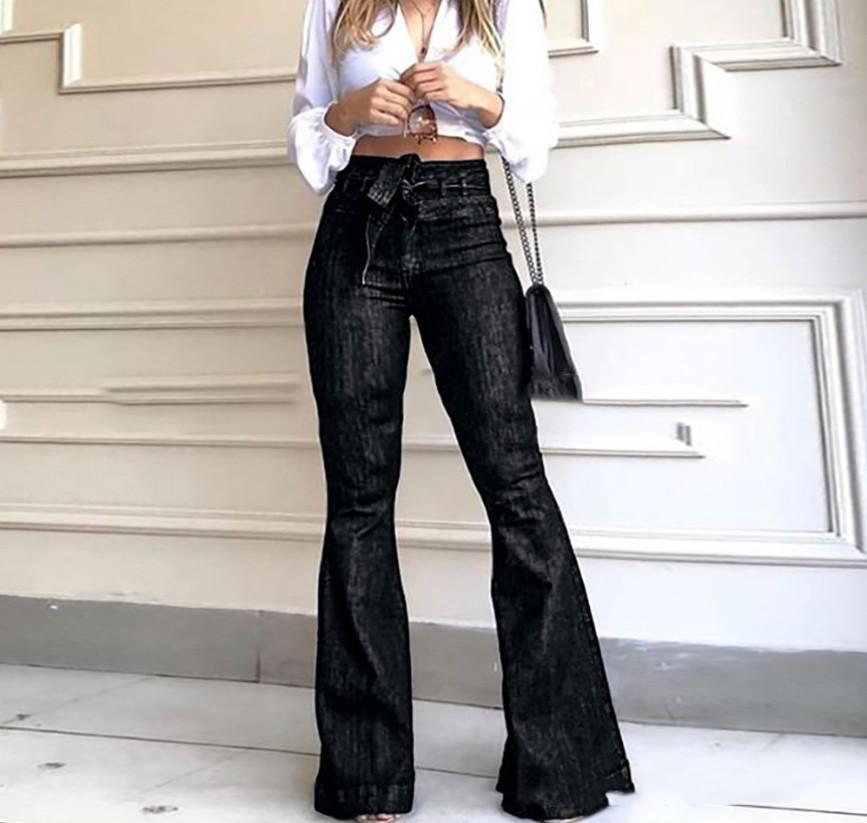 YPretty-Jewelry Hoge taille, licht elastische uitlopende broek, jeans met wijde pijpen XXL zwart
