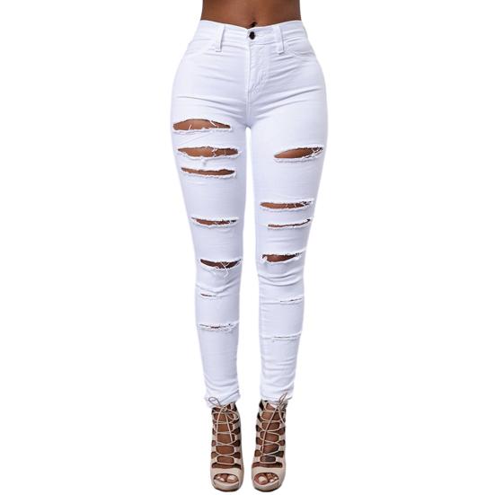 Tuosai Damesjeans Gescheurde gaten Hoge strakke taille Pasvorm Zacht Effen Kleur Slank Rekbaar Woon-werkverkeer Casual Enkellange Dame Lange broek 3XL