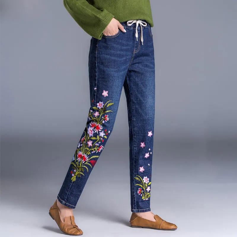 WTEMPO Stretchjeans met hoge taille, dameslente en herfst, grote maat, slanke, lange denimbroek, casual borduurbroek XXL