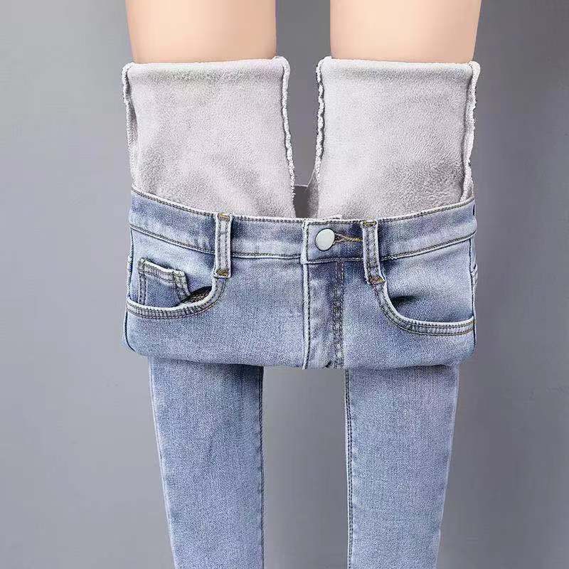 MILU Vrouwen Dikke Fluwelen Jeans Warme Koreaanse Mode Hoge Taille Skinny Elastische Broek Jean Casual Winter 34 blauw