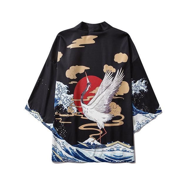 Four Four Japanse Kimono Retro Kraan Print Dunne Jas Haori Hanfu Pak Mantel Heren Zomer Chinese Stijl Nieuw Tang Pak Taoïstische Gewaad M
