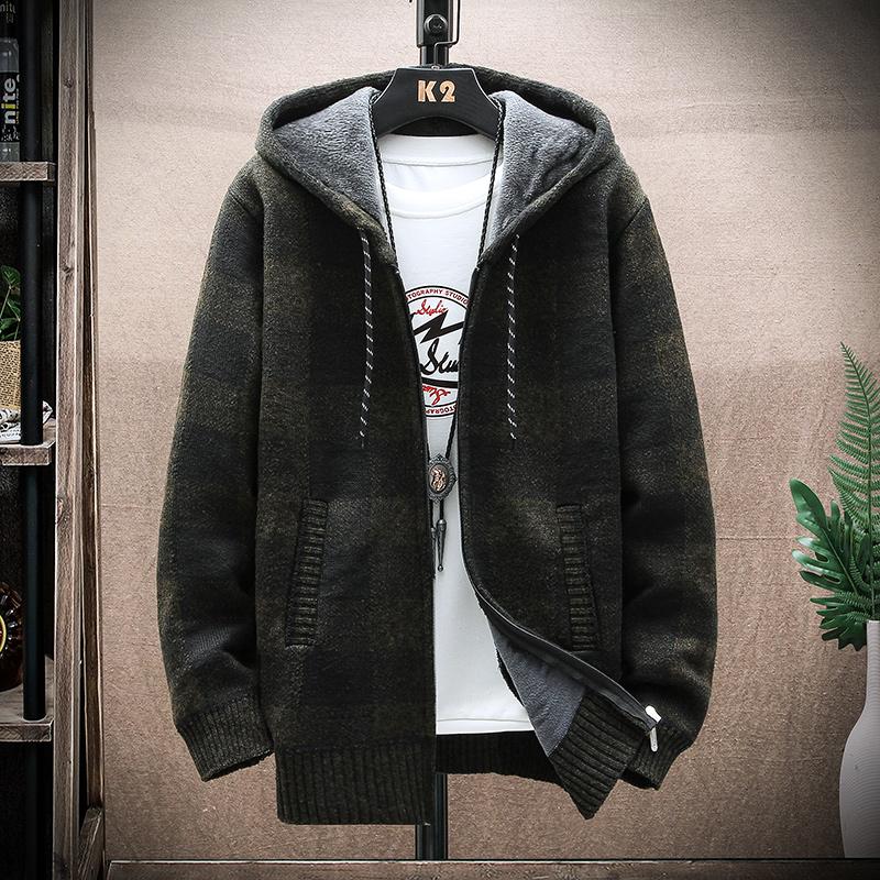 Yoxier Heren Fleece Warm Cardigan Plaid Trui Capuchon Winterkleding Harajuku Jas Volledige Rits Cardigans Jas Mode Gebreide Trui XL  65-72kg