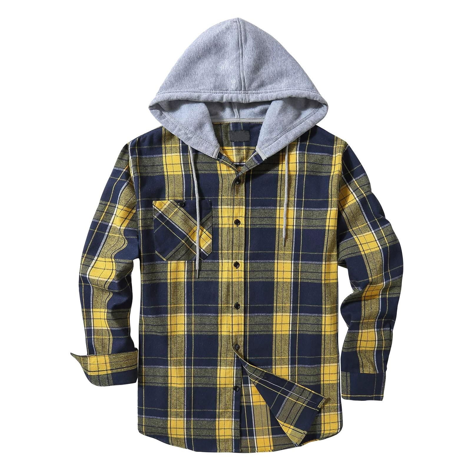 YaseHasaki Heren geruit overhemd met capuchon en knoopsweater Casual mode-sweatshirt voor heren M geel