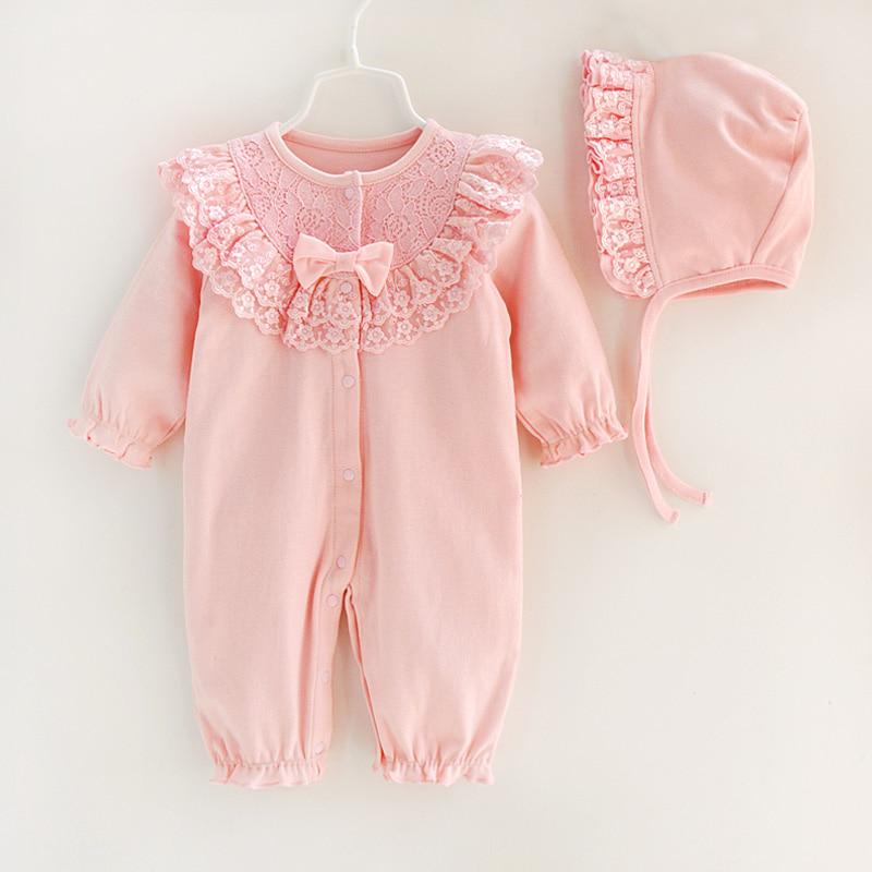 Daddys Girl Lente Pasgeboren Baby Meisjeskleding Kant Bloemen Prinses Jumpsuit + Hoeden Baby Meisjes Bodysuits Onesie 0-3m roze