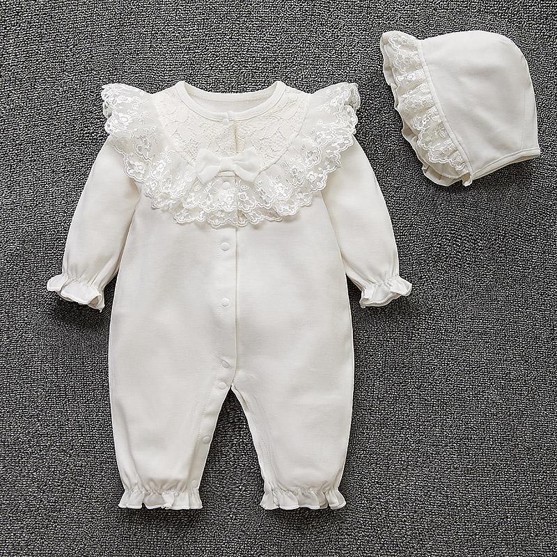 Daddys Girl Lente Pasgeboren Baby Meisjeskleding Kant Bloemen Prinses Jumpsuit + Hoeden Baby Meisjes Bodysuits Onesie 3-6m wit