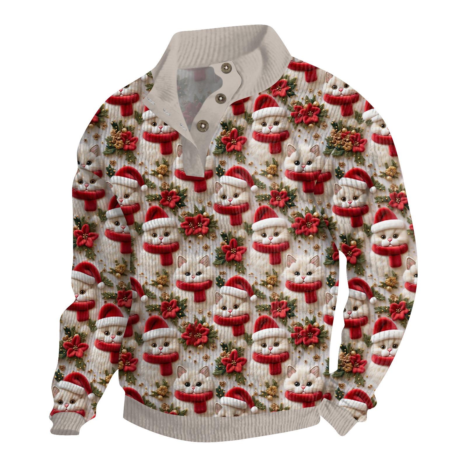 ElongPaoXiao Heren Kerst Katoenen Pullover Lange Mouw Outdoor Shirt Vintage Corduroy Knoop Stand Kraag Shirt Casual Sweatshirt Kerst Print Top XL