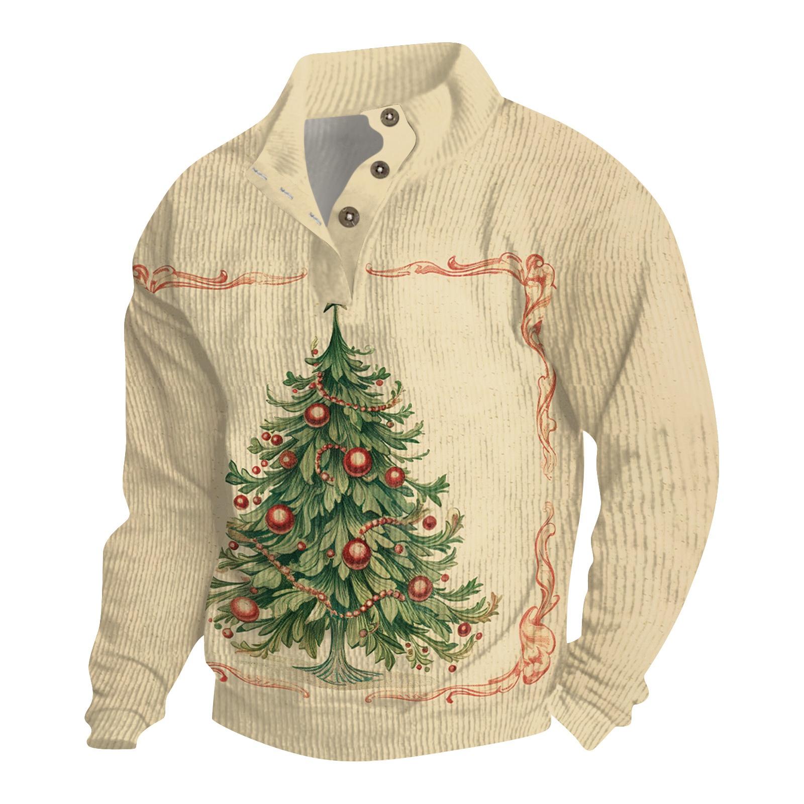 ElongPaoXiao Heren Kerst Katoenen Pullover Lange Mouw Outdoor Shirt Vintage Corduroy Knoop Stand Kraag Shirt Casual Sweatshirt Kerst Print Top XL