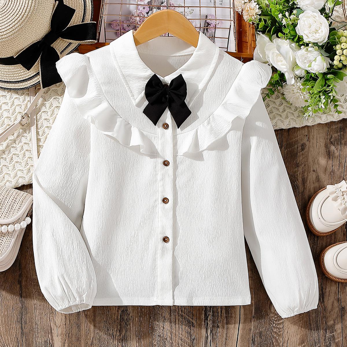YOUULAR Witte blouse voor grote meisjes Ruche mouwen Tops Zwarte strikoverhemden Meisjes tienerkleding Schooluniform Herfst witte tops 11-12Y