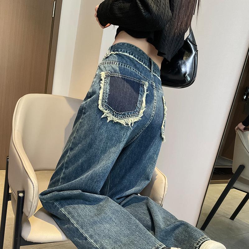 FEI Home&Garden Jeans met wijde pijpen en onafgewerkte randen Hoge taille Losvallende broek met rechte pijpen Kleine figuur Bijpassend zakontwerp in kleur en gevoel voor vloermopbroeken 2XL