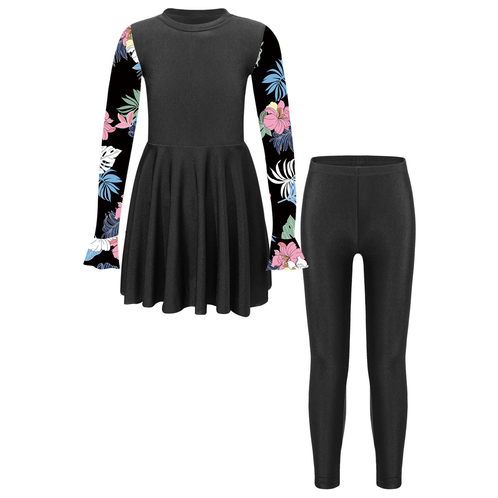 ZDHoor Kinderen Meisjes 2 Stuks Rash Guard Badpak Sets Bloemenprint Lange Mouw Zwemjurk met Legging Zonbescherming Badpak Badmode 7-8 Years