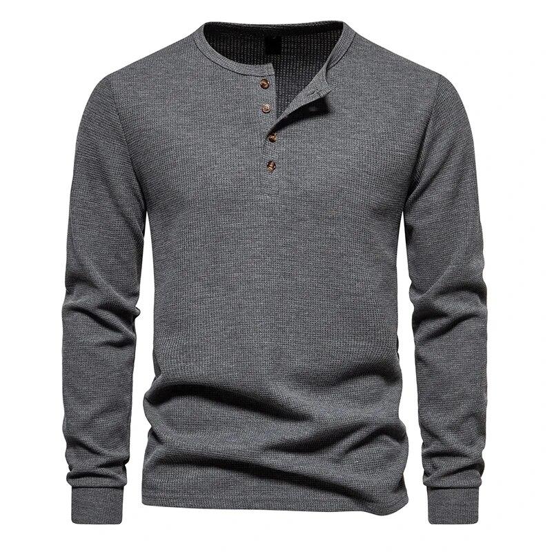 Leefona Waffle Henley T-shirt Heren Lange Mouw Basic Ademend Heren Tops T-shirts Nieuwe Herfst Casual Effen Kleur Knoop T-shirts M