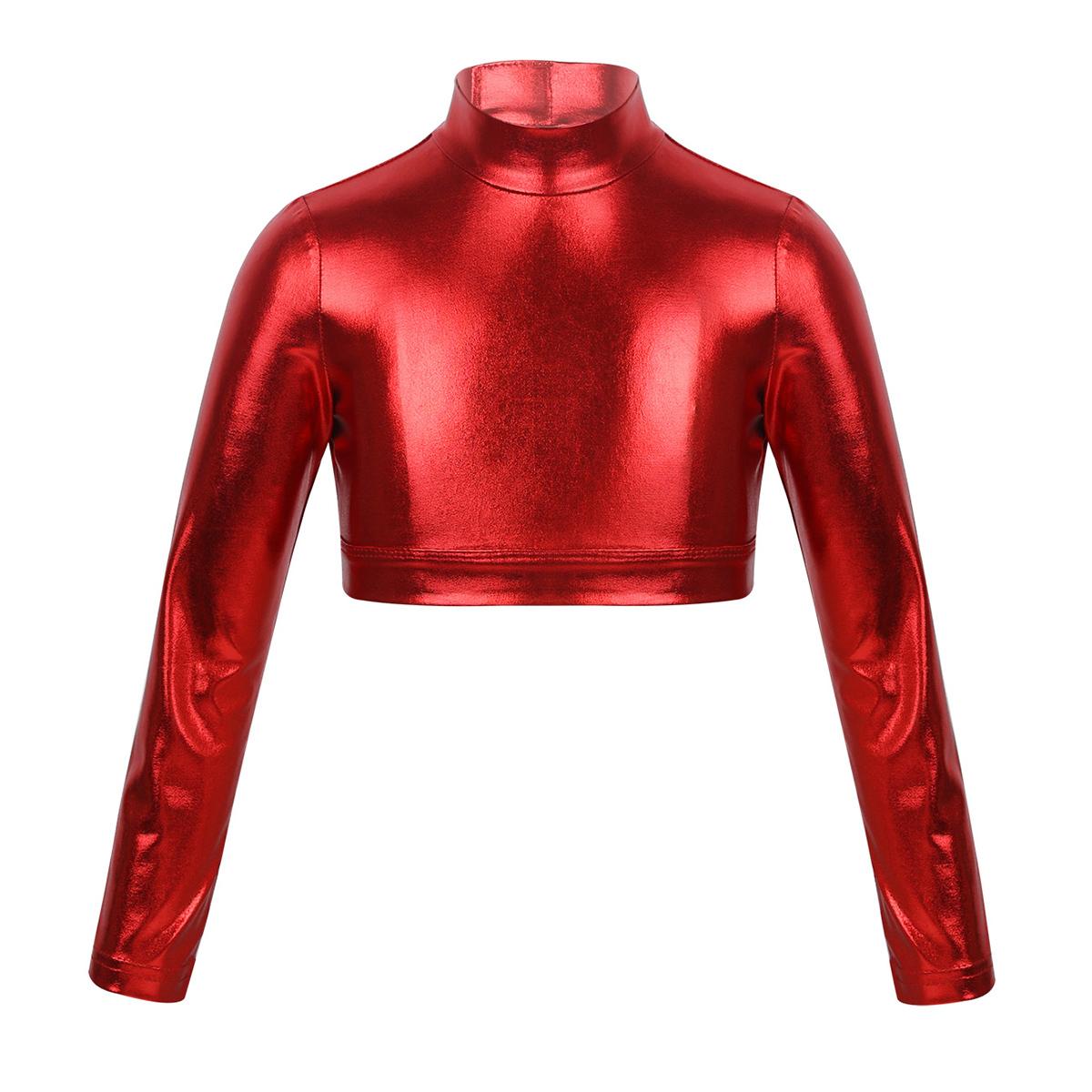 ZDHoor Top T-shirts voor kinderen, meisjes, lange mouwen, glanzende metallic crop top, fitness dancwear, podiumprestatie 12-14 Years rood