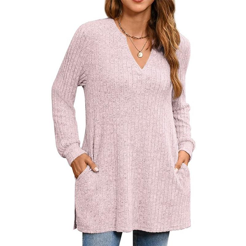 Tondo Dames trui met V-hals, gebreide trui met lange mouwen, zijsplit, trui, tuniektop, effen kleur T-shirttop XL