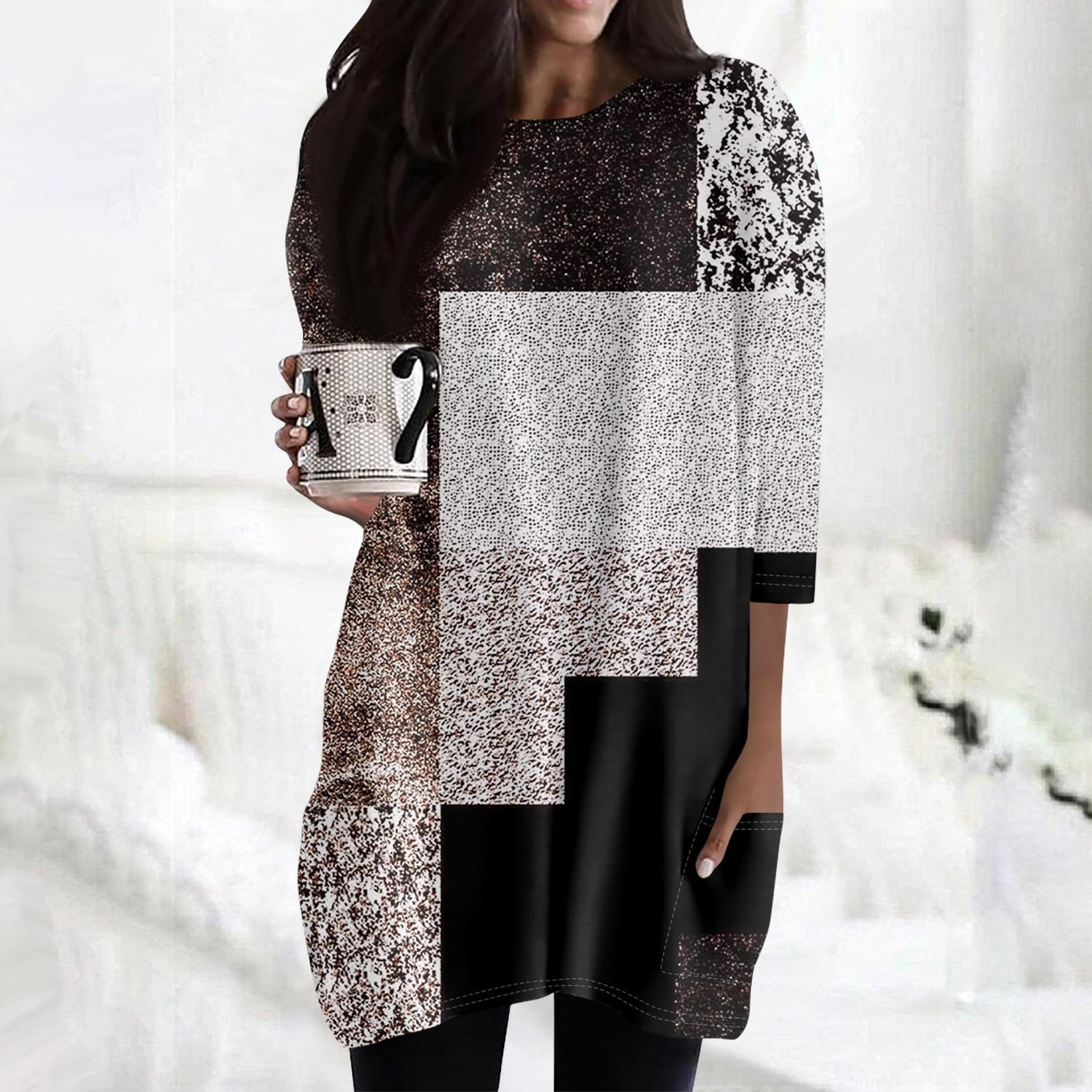 Blackrose Dames Casual 3/4 Mouw Shirts Fashion Print Tuniek Tops Met Zakken XL