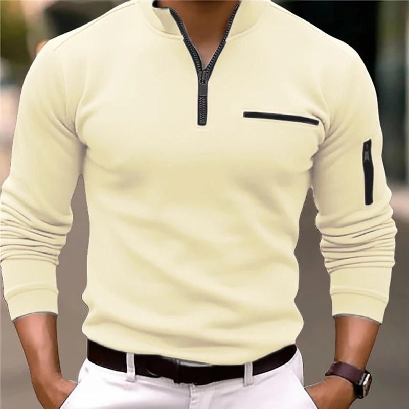 Yoxier Men's Long Sleeve Polo Shirt Fashion Solid Color Leisure Sports Pullover Golf Slim T-shirt Business Casual Men's Wear. 3XL beige