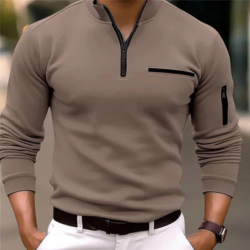 Yoxier Men's Long Sleeve Polo Shirt Fashion Solid Color Leisure Sports Pullover Golf Slim T-shirt Business Casual Men's Wear. XL kaki