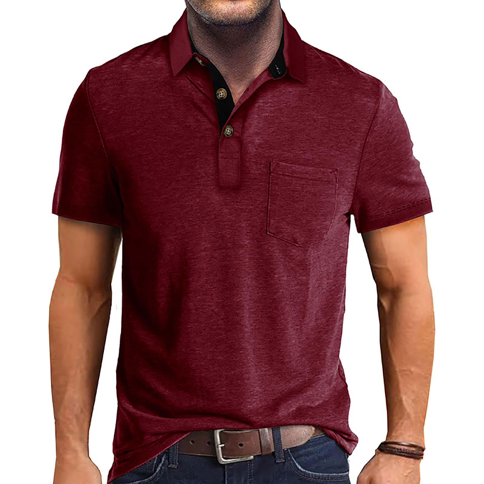 Blackrose Heren zomer effen T-shirt met 3 knopen open kraag en knoopsluiting korte mouwen top L wijn