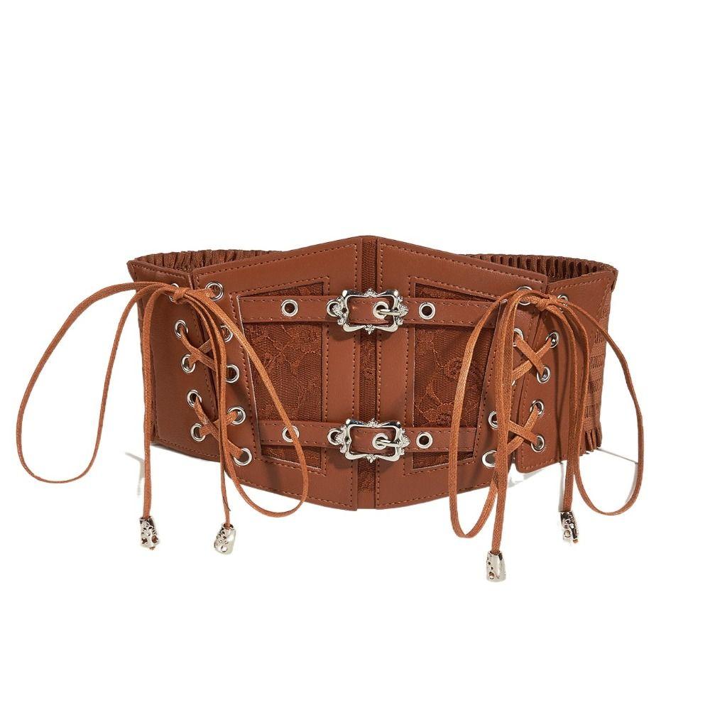 JuliHydraulic Leren kant cumberbanden effen kleur brede taille korset elegante korset riem jurk bruin