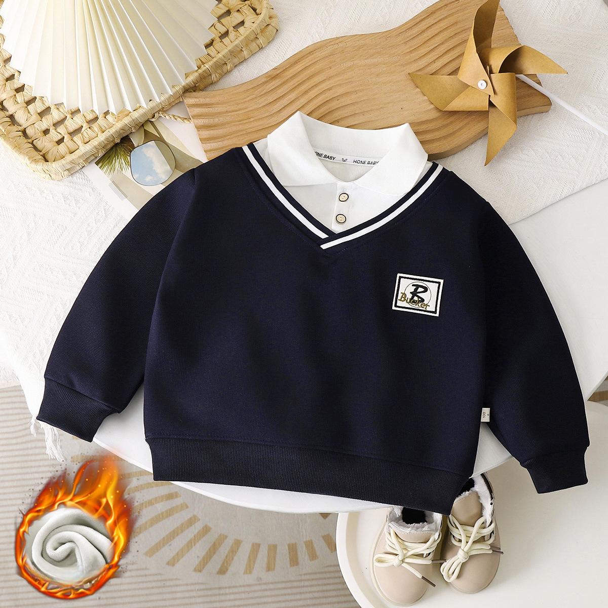Yoghurt Lente- en herfsttruien voor jongens, kinderpoloshirts, nep-tweedelige babykleding 120 marineblauwe kleur