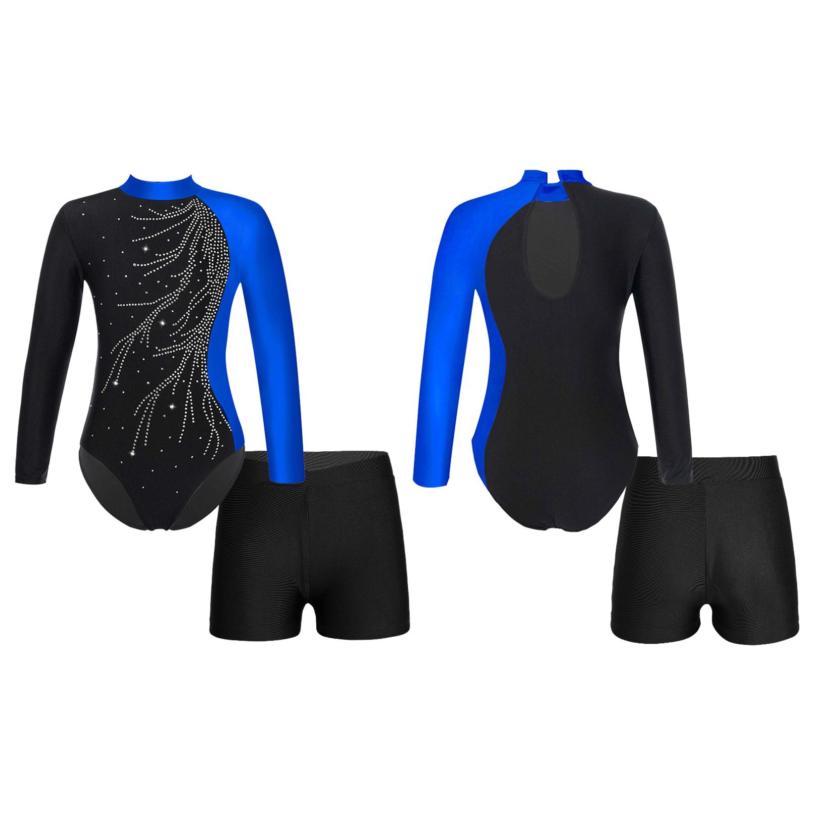 YONGHS Turnpakje voor kinderen, meisjes, mock-hals, lange mouwen en shorts voor dansschaatsen, Biketards, gymnastiekoutfit 5-6 Years