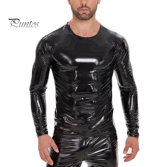 DILLER Heren Vloeibaar Glanzend Kunstleren Top Metallic Wetlook Lange Mouw T-shirt Rits Schouder Slim Fit Shirt Hip Hop Nachtclub Feest Blouse XL