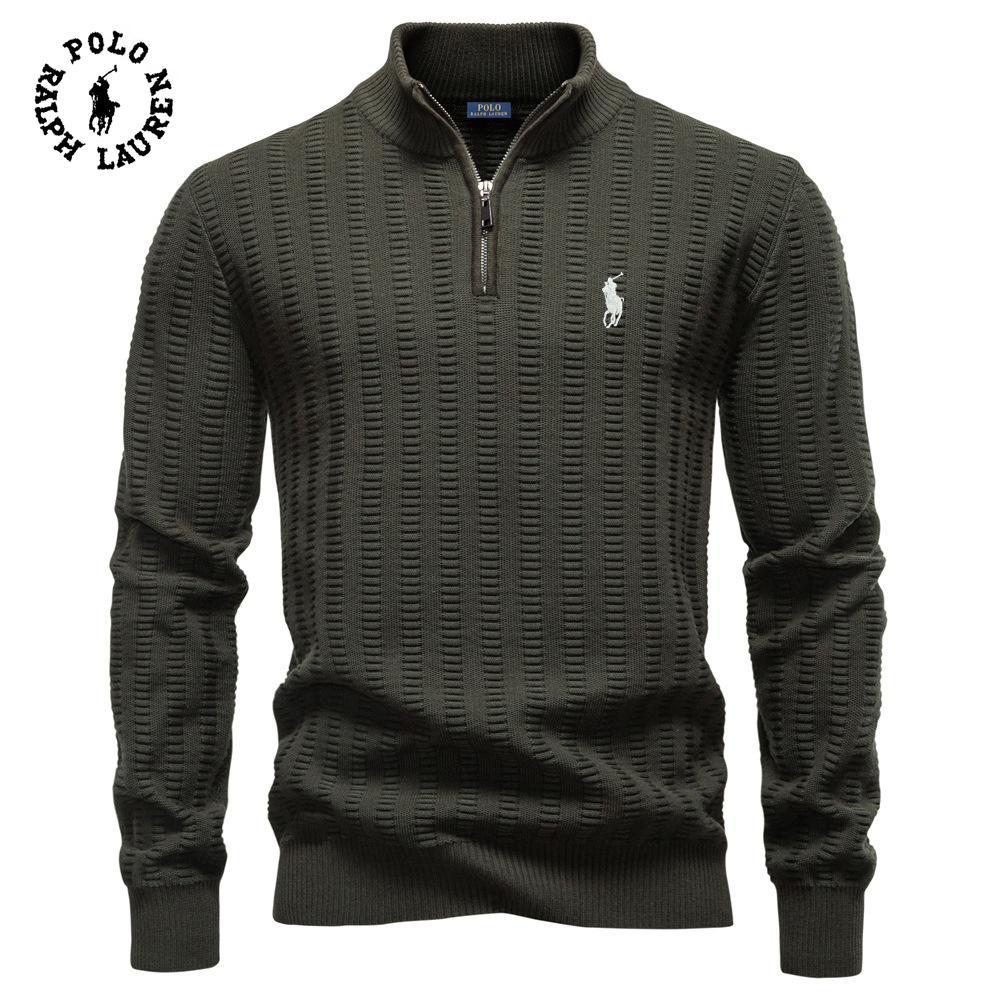 Polo Ralph Lauren 2025 Autumn and Winter Embroidery New Striped Jacquard Men's Plus Size Sweater, Half Zipper Stand Up Collar Business Sweater XXL