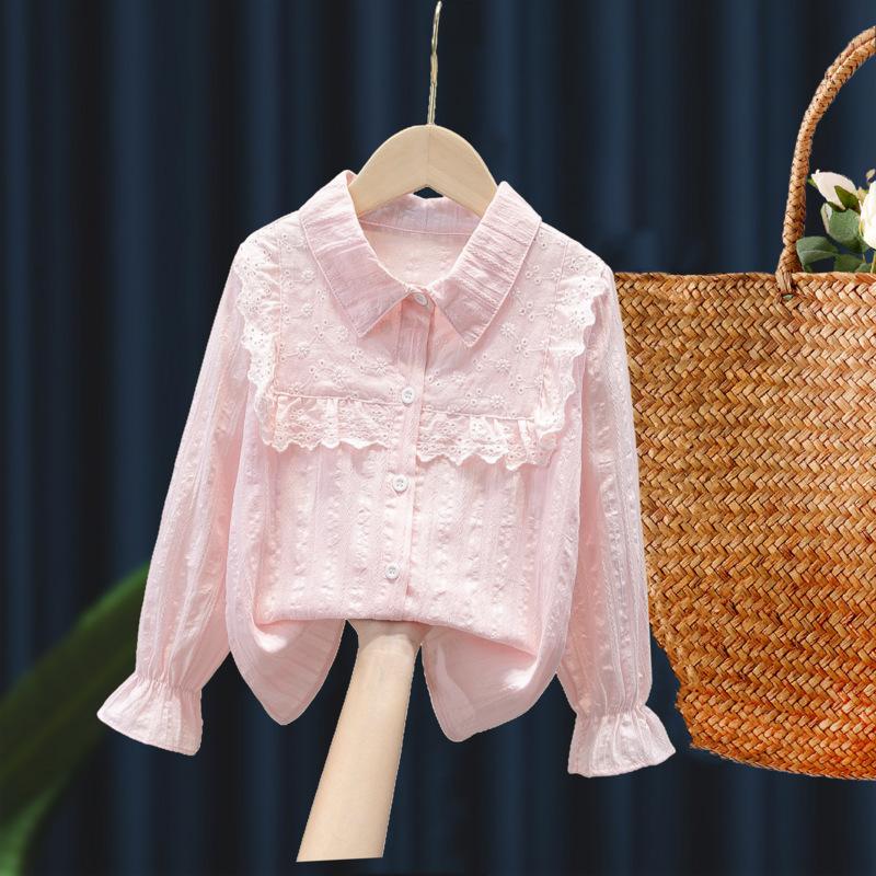 YOUULAR Meisjes Blouse Lente 2023 Nieuwe Kinderen Lange Mouwen Kant Tops Kinderen Wihite Revers Cardigan T-shirt 160