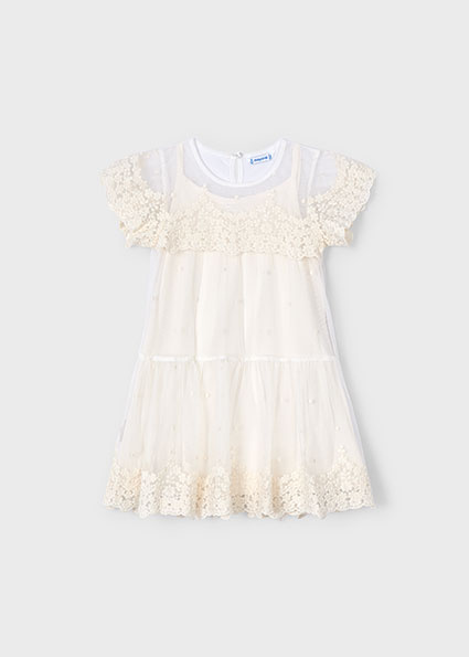 Mayoral Zomer jurk tule embroidery meisjes - bone wit